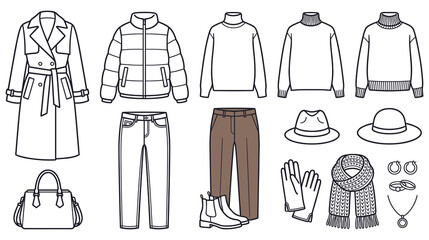 Naklejka premium Winter clothing collection trench coat puffer jacket sweaters pants hats accessories.