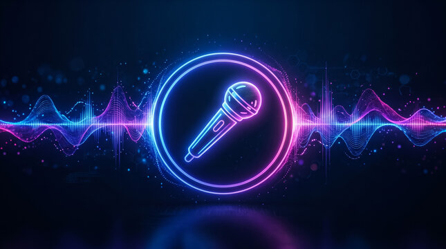 A modern microphone icon is encased within a bright neon circle, surrounded by vibrant blue and pink digital sound waves against a dark background.