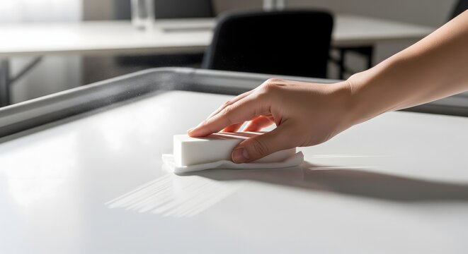 A person's hand meticulously cleans a pristine white board with a white eraser, removing faint marks in a brightly lit office setting.