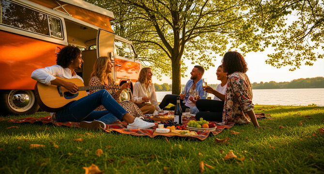 Friends having a picnic and playing guitar by a vintage camper van near a lake. Group laughing and drinking wine under a tree at sunset. Summer travel and leisure concept for lifestyle marketing.