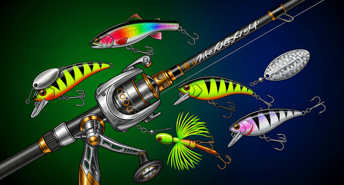 Fishing rod with reel and colorful lures displayed on dark background. Detailed illustration of angling tackle including crankbaits and jigs. Sport fishing concept for outdoor hobby marketing.