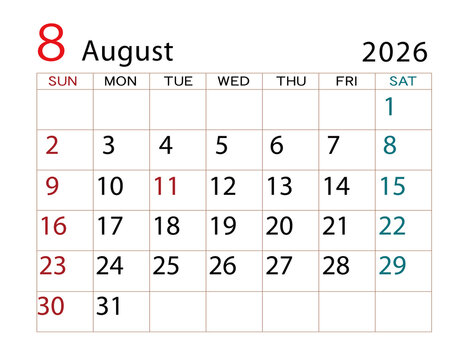 2026年カレンダー　8月