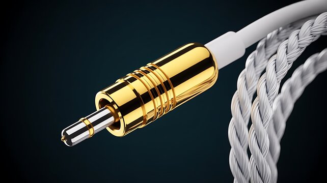 Gold audio jack connector with braided cable isolated on dark background for sound technology and electronic connection concept