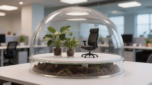 A miniature office setup with a black chair and green plants inside a glass dome on a desk. Conceptual image for workspace protection, mental health, eco-office, and work-life balance