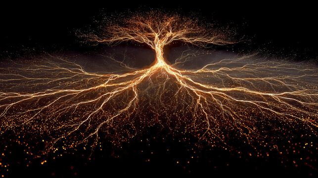Bright Energy Tree with Golden Roots and Lightning Branches in Darkness