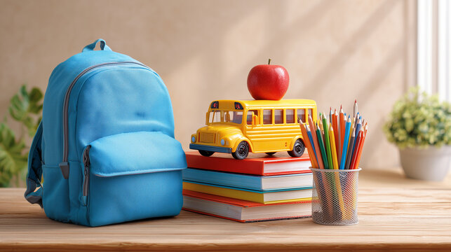 Student Education Setup with Blue Bag Apple Books and Yellow Bus