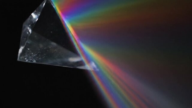 Prismatic light refraction through a glass triangular prism creating a spectrum of colors against a dark background