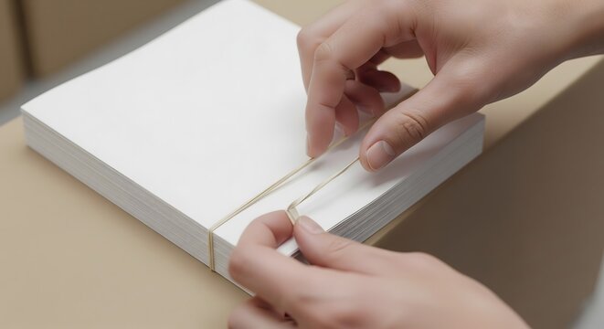 A person's hands carefully secure a stack of pristine white paper sheets with a rubber band, preparing them for storage or distribution.