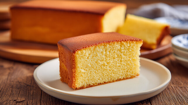 Fluffy Vanilla Cake Slice with Golden Brown Crust on Rustic Table