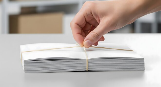 A person's hand carefully stretches a rubber band around a neat stack of white envelopes on a clean, bright office table.