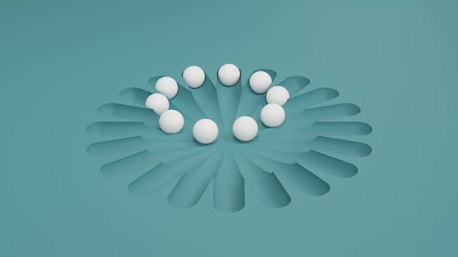 Abstract 3D Background with Ten White Balls Sliding Along Curved Grooves on Mint Green Surface Minimal Geometric Motion Scene for Creative Branding Social Media and Presentation Design