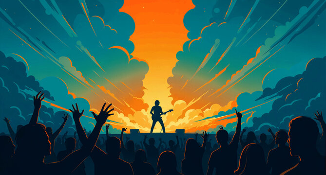 Silhouette of a guitarist performing for a cheering crowd. Vibrant clouds and sunset rays create a high-energy concert scene. Music festival concept ideal for event posters and marketing.