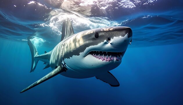 Great white shark swimming underwater ocean.