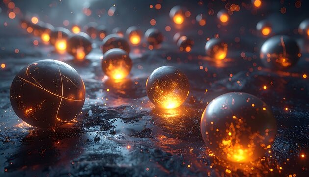 Glowing metallic orbs on dark surface.