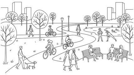 Obraz premium City park with people line icon set cityscape with active citizens leisure.