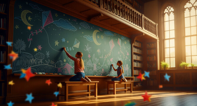 Two girls drawing imaginative scenes on a large chalkboard in a library. Children using colorful chalk to illustrate stars and kites. Creative education concept for storytelling and learning.