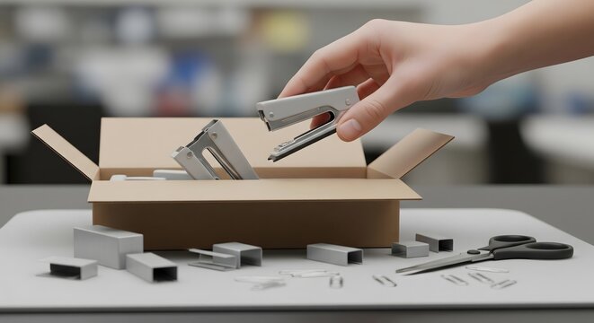 A person's hand carefully places a metallic stapler into a cardboard box, surrounded by office supplies and other staple removers on a clean desk.