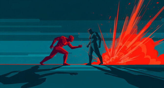 Two powerful figures engaging in a dramatic confrontation. Vibrant red energy explosion highlights the impact between the silhouettes. Epic battle concept representing rivalry and conflict.