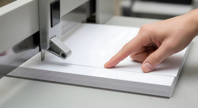 A precise human hand carefully aligns a stack of crisp white paper sheets within a professional office binding machine, ensuring perfect document preparation.