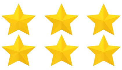 Obraz premium Six golden, three-dimensional stars arranged in two rows on a stark white background. Each star is a five-pointed polygon