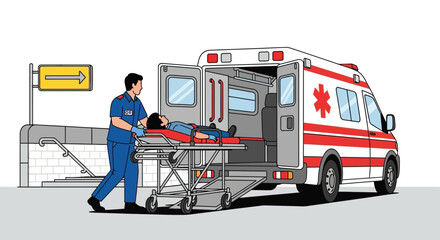 Fototapeta premium Paramedic loading patient on stretcher into ambulance outside hospital