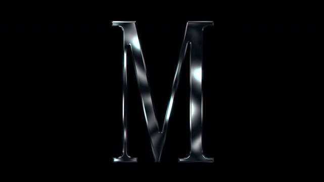 Silver metallic Capital letter "M". Alpha channel. Serif font. Seamless loop video.