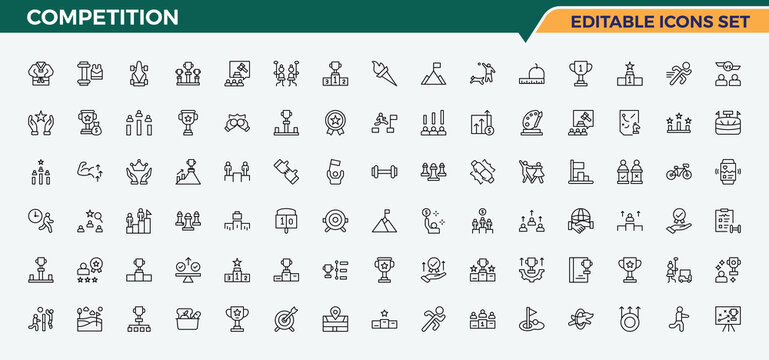 Competition simple icon set. Fight vector line icon set. Contains outline symbols like fight, sport, sprint, sports, trophy, rival and more. Editable vector. Pixel perfect.