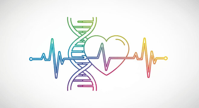 DNA helix, heartbeat EKG and heart symbol in rainbow colors on white background