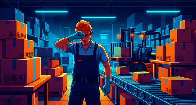 Tired warehouse worker wiping sweat in industrial storage. Illustration shows man in safety gear with boxes and forklift. Labor burnout concept ideal for logistics and supply chain news.