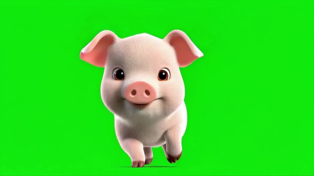 Cute pink piglet head looking at camera on green screen. Animated. Cute farm animal animation chroma key. Cute piglet