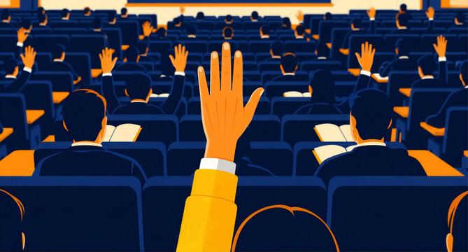 Hand raised by a person in a large auditorium audience. Participants asking questions during a lecture or corporate seminar. Participation and engagement concept for education and business.