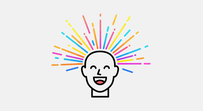 Creative mind exploding with ideas, colorful inspiration, happy face, innovation concept