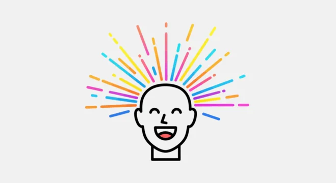 Creative mind exploding with ideas, colorful inspiration, happy face, innovation concept