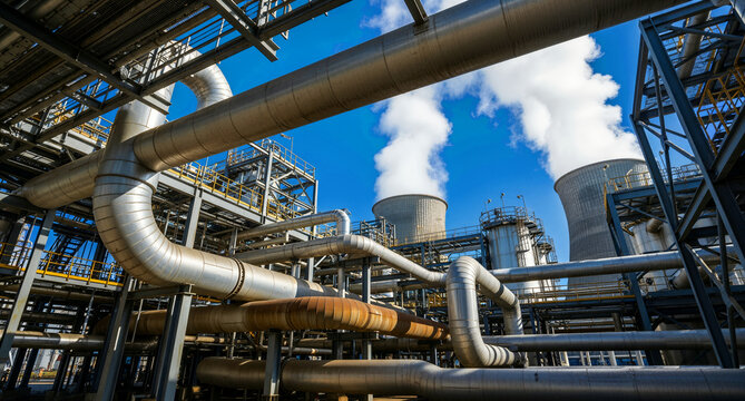 Industrial pipeline system in a power plant with cooling towers. Complex network of metal pipes and scaffolding under a blue sky. Energy generation concept for industrial engineering marketing.