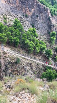 Hiking trail to Colgante bridge (Puente Colgante El Saltillo) over Almanchares river, Sierra Tejeda, Andalusia, Spain