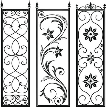 Ornate black wrought iron gate and fence featuring a vintage floral design with gold leaf ornaments and antique metal swirl patterns in a seamless vector illustration frame
