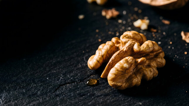 Fresh walnut kernel with cracked shell on dark rustic surface close-up