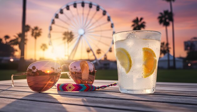 Refreshing cold drink and sunglasses on a table for summer event entertainment and fun music festival concept with Ferris wheel at sunset