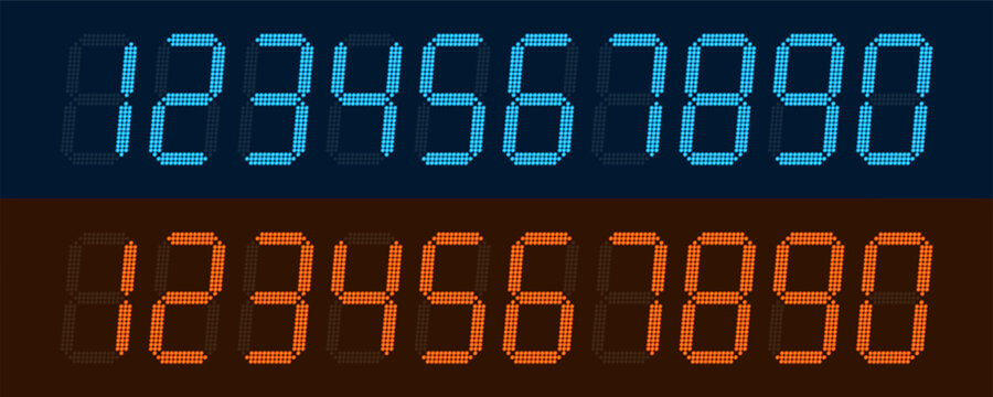Digital glowing numbers. Blue and orange LCD figures for a electronic devices, clocks, calculators, and scoreboard interfaces. Vector illustration.