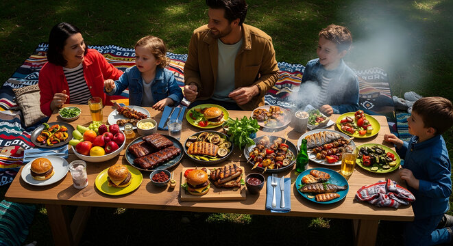 Happy family having barbecue dinner at rustic wooden table in backyard with grilled salmon burgers meat and fresh salad during evening sunset time