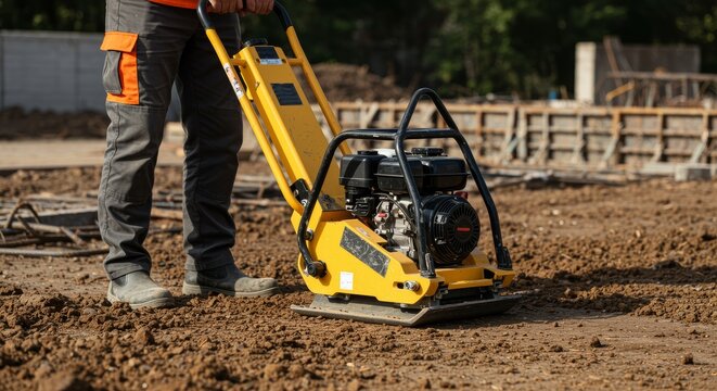Construction worker operating a compactor on dirt foundation at sunny site