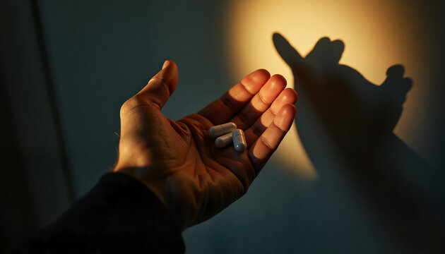 hand holding capsules with shadow projected on wall, representing health and wellness concept, soft lighting ambiance