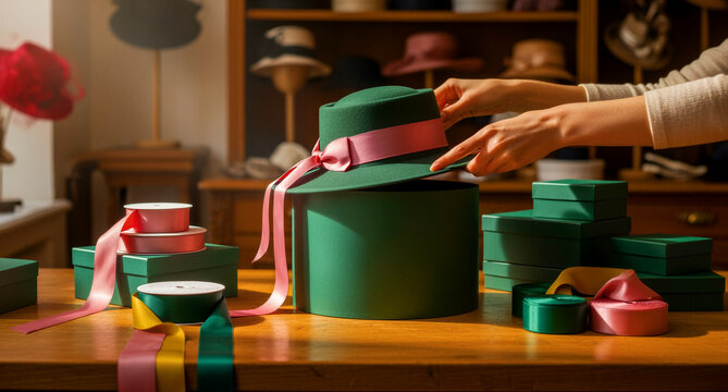 Hands placing a green felt hat with a pink ribbon into a round gift box. Milliner working in a boutique shop with ribbons and boxes. Artisan craft and luxury retail fashion marketing concept.