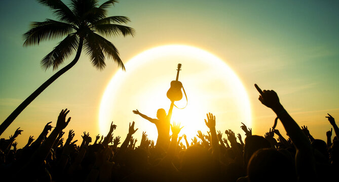 Silhouetted crowd cheering at a beach music festival with a person holding a guitar. Large group dancing against a giant golden sun. Perfect for concert, event, and summer marketing campaigns.