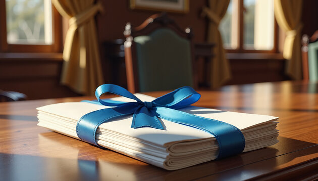 stack of documents tied with a blue ribbon on a wooden table in a formal office setting, used for business presentations or agreements