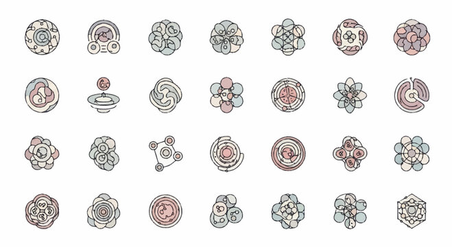 Collection of scientific cell structures and molecular models.