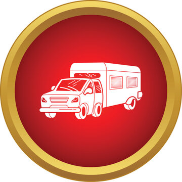 White outline flat drawing of a truck pulling a caravan on a red circular button with a gold rim