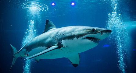 Obraz premium A large great white shark swims through deep blue water with air bubbles. Sunlight filters from the surface onto the apex predator. Marine life concept for nature and aquarium marketing.