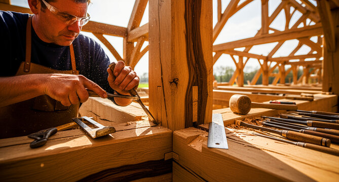 Carpenter using chisel on timber frame joint. Artisan craftsman working on traditional wood joinery. Manual labor and craftsmanship concept, ideal for construction and DIY marketing.