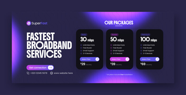 Broadband internet service social media facebook cover & web banner design template with modern pricing table